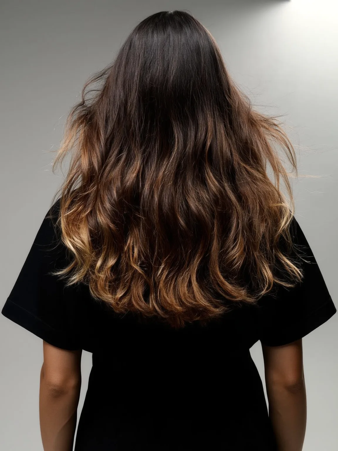 Voluminous Chocolate Brown with Caramel Balayage Long Layers